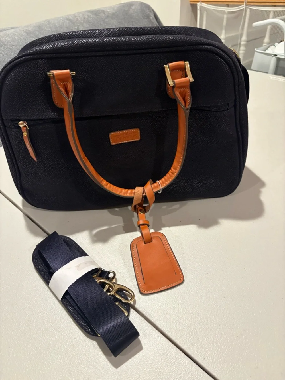 Women’s Navy weekender bag  with Brown Leather Handles and Trim - Picture 5 of 8